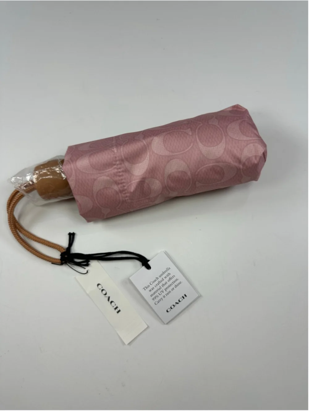 Coach CEF88 Pink Tan Signature UV Mini Umbrella 99% UV Protection Compact - Picture 2 of 9